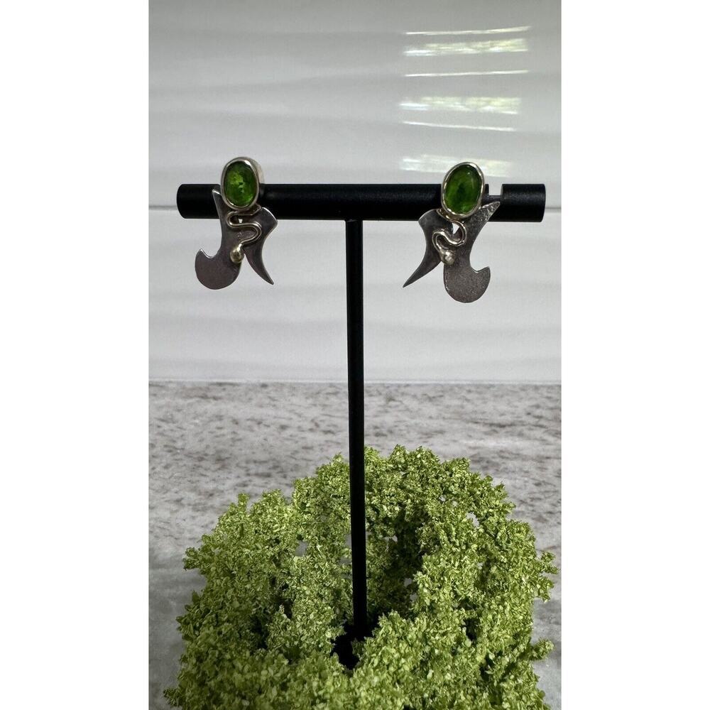 Vintage Sterling Silver MCM Abstract Peridot Earrings